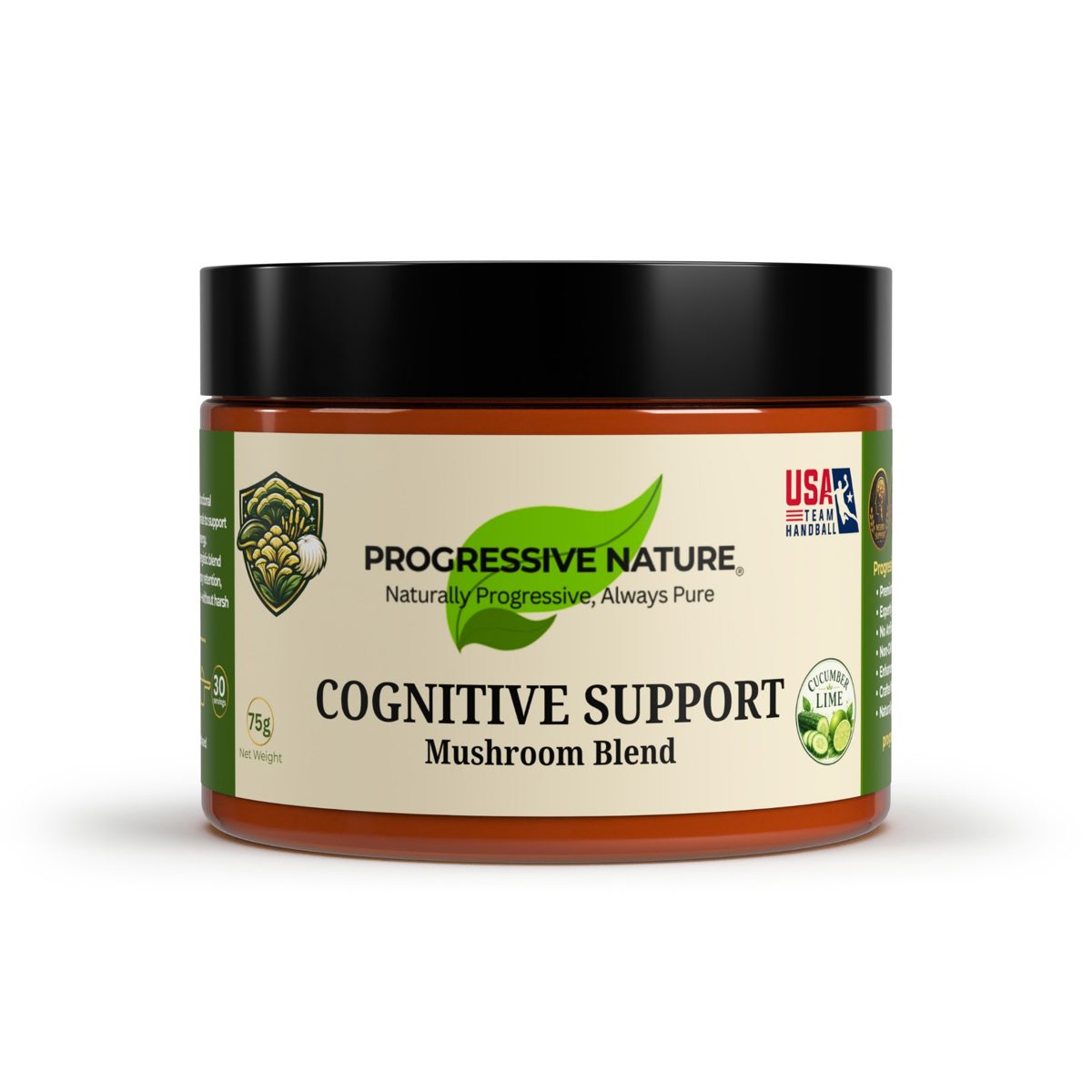 Cognitive Support Mushroom Blend Progressive Nature Cognitive Support Mushroom Blend jar, 75g cucumber lime nootropic mushroom powder supplement