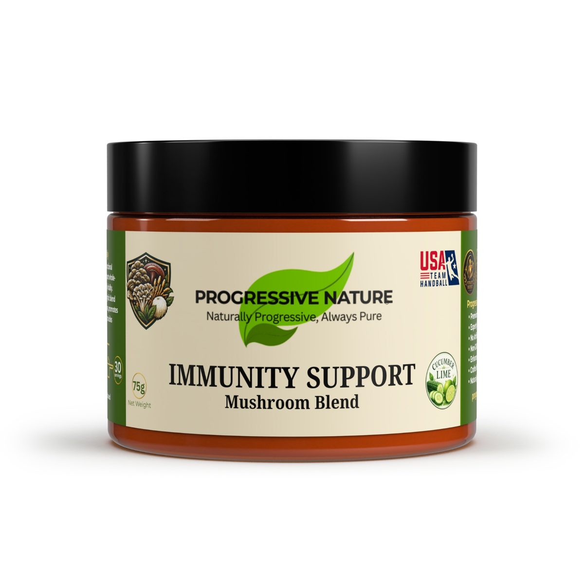 Immunity Support Mushroom Blend Progressive Nature Immunity Support Mushroom Blend jar, 75g cucumber lime functional mushroom powder supplement