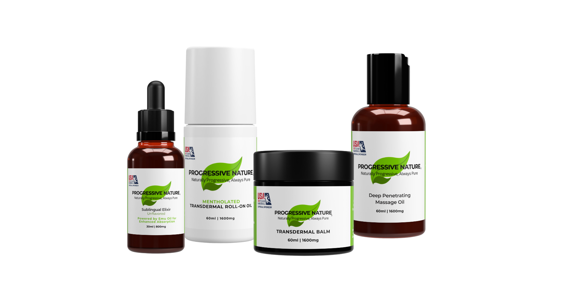 Progressive Nature full product collection - Sublingual Elixir, Mentholated Transdermal Roll-On Oil, Transdermal Balm, and Deep Penetrating Massage Oil